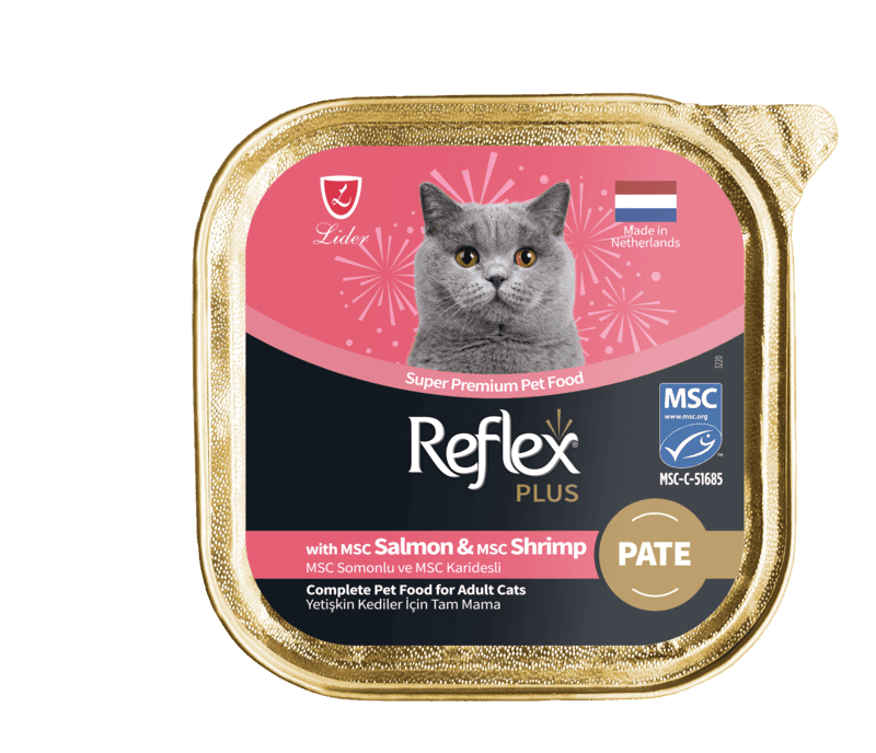 Pişikler üçin çygly iýmit Reflex Plus Salmon, Shrimp Pate 85 gr