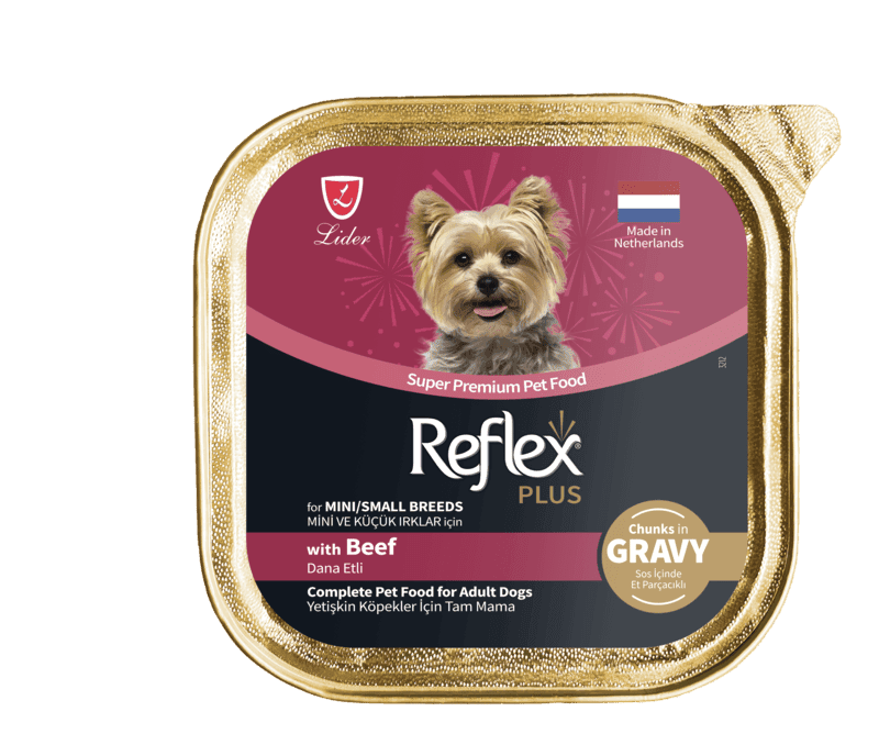 Çygly it iýmiti Refleks Plus ownuk tohumly uly itler üçin sousda sygyr eti et bölekleri 85 gr