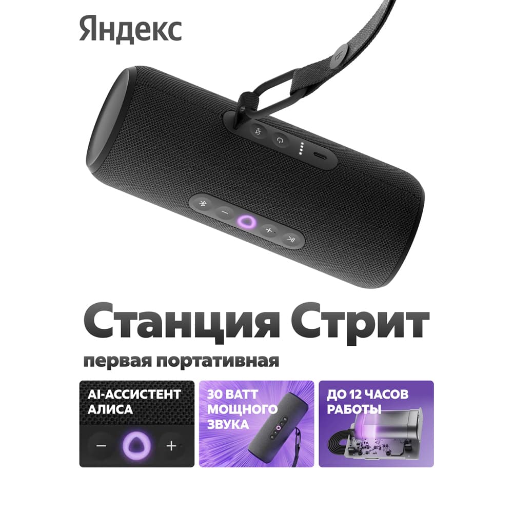 Портативная умная колонка Яндекс Станция Стрит с Алисой, 30 Вт, чёрный