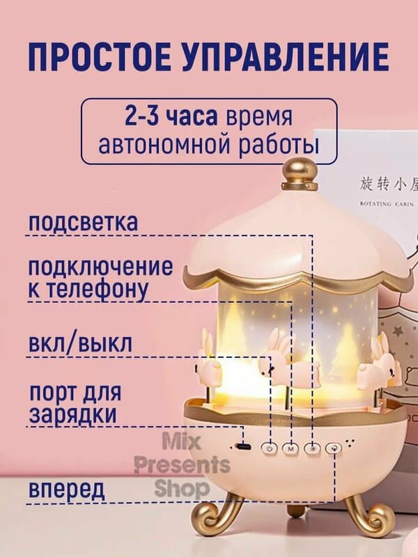 Ночник проектор "Карусель" звёздное небо (встроенный аккумулятор)
