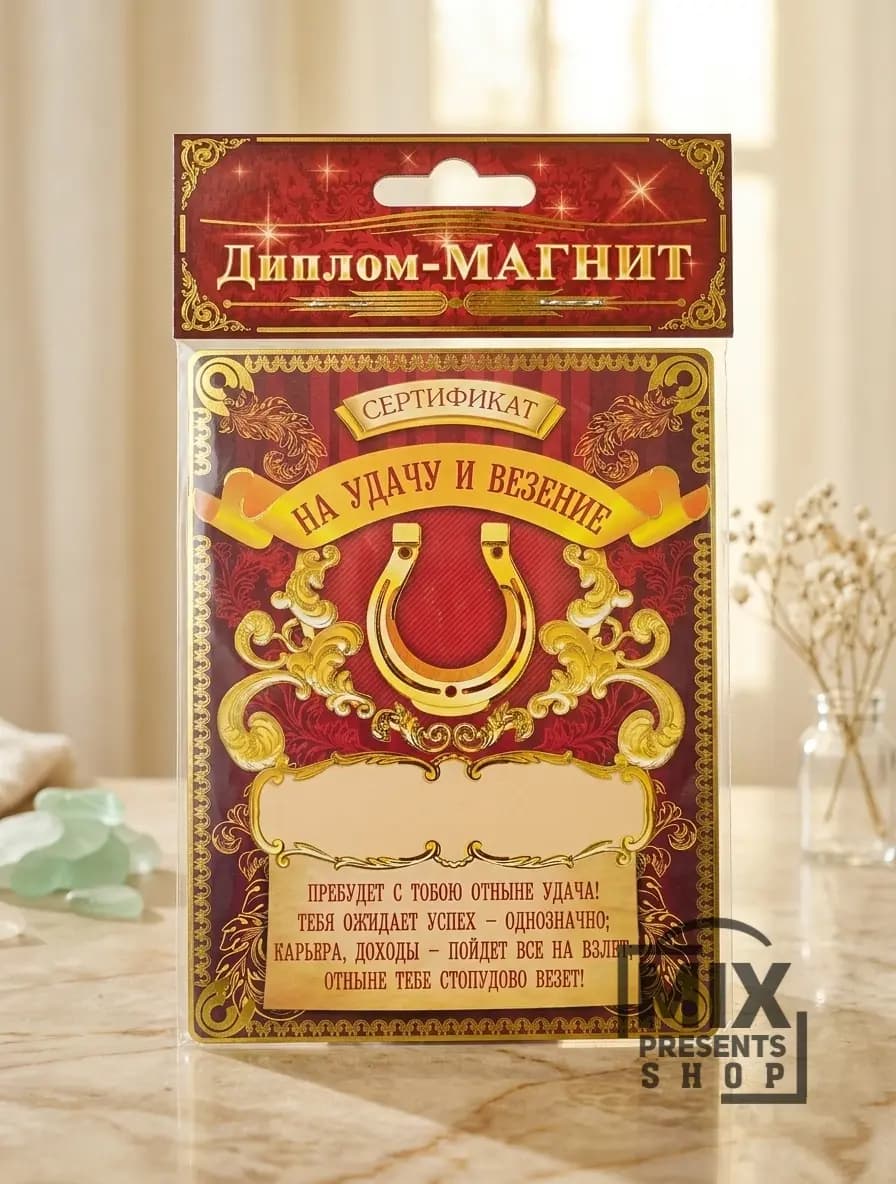 Диплом магнит "Сертификат на удачу и везение" (10×13см)