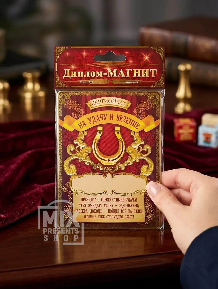 Диплом магнит "Сертификат на удачу и везение" (10×13см)